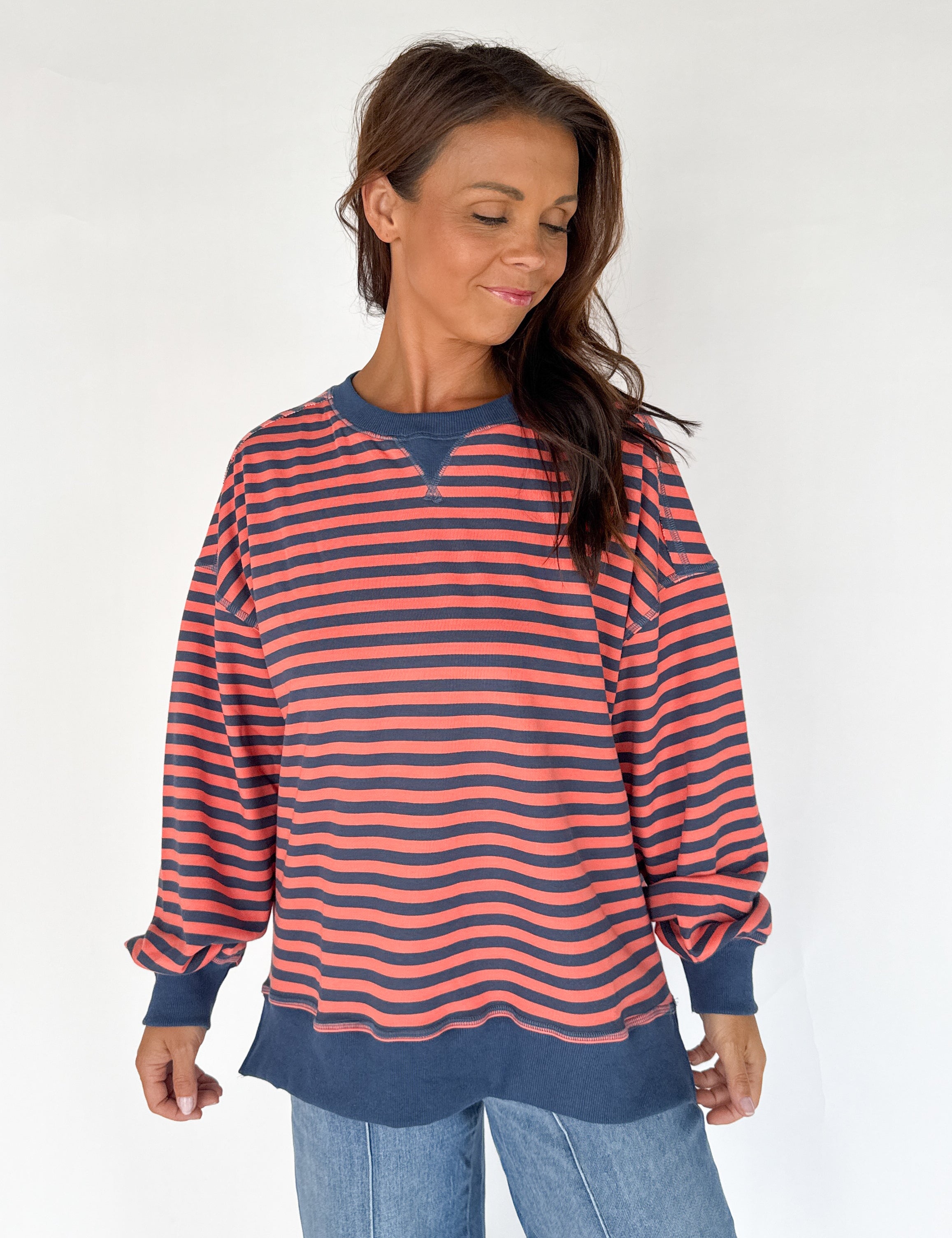 Stripe Comfy  Pullover-Coral/Navy - Ana Patricia Boutique