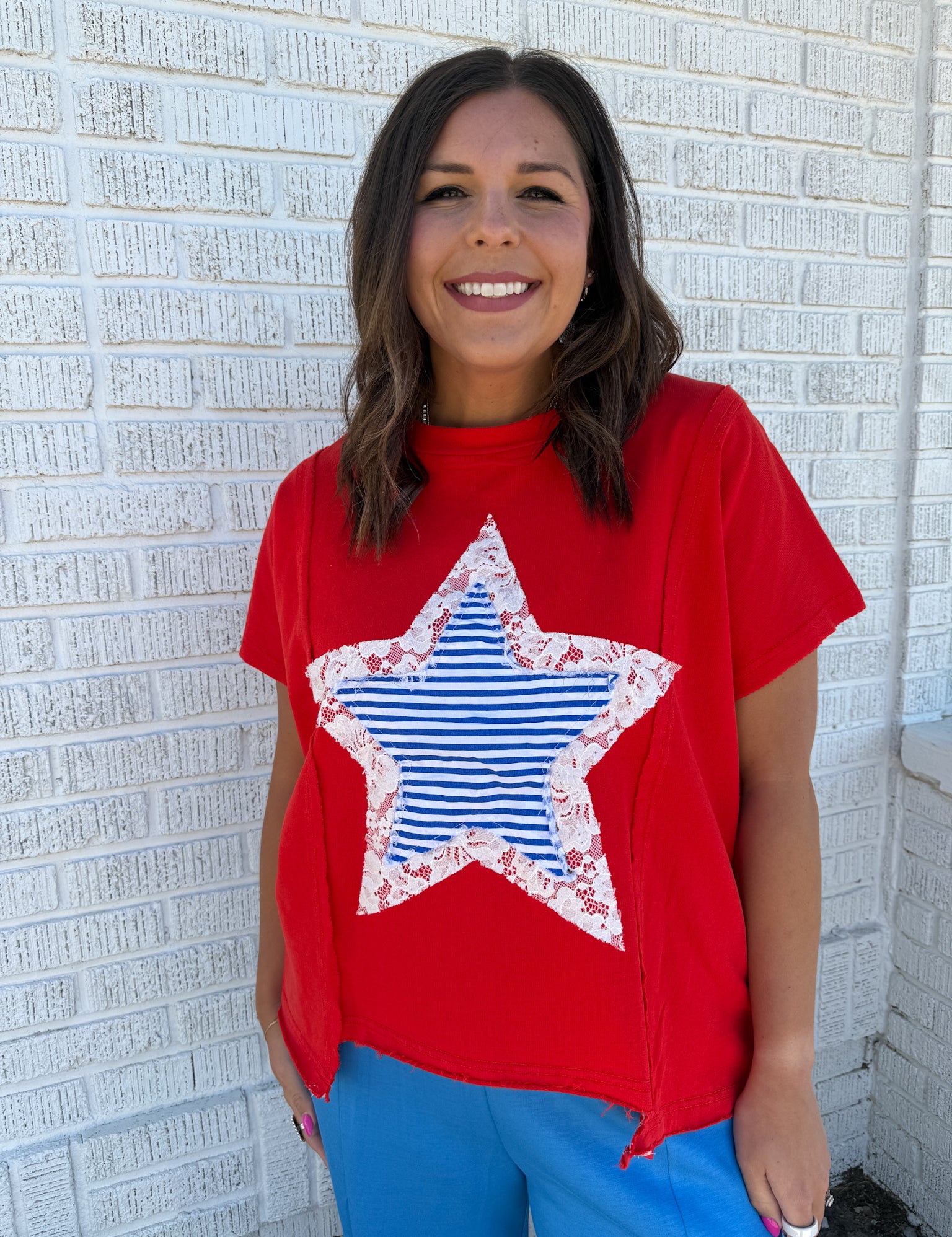 Star Lace Patch Top- Red - Ana Patricia Boutique