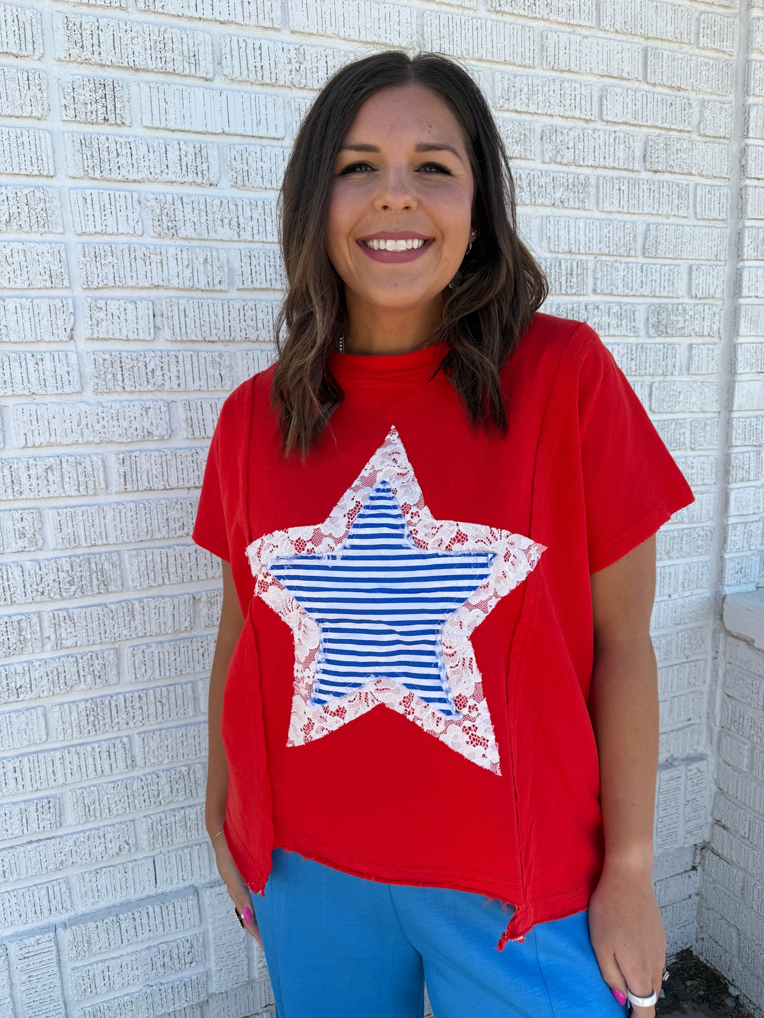 Star Lace Patch Top- Red - Ana Patricia Boutique