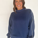 Modal Scuba Piping Mock Neck Top- Navy