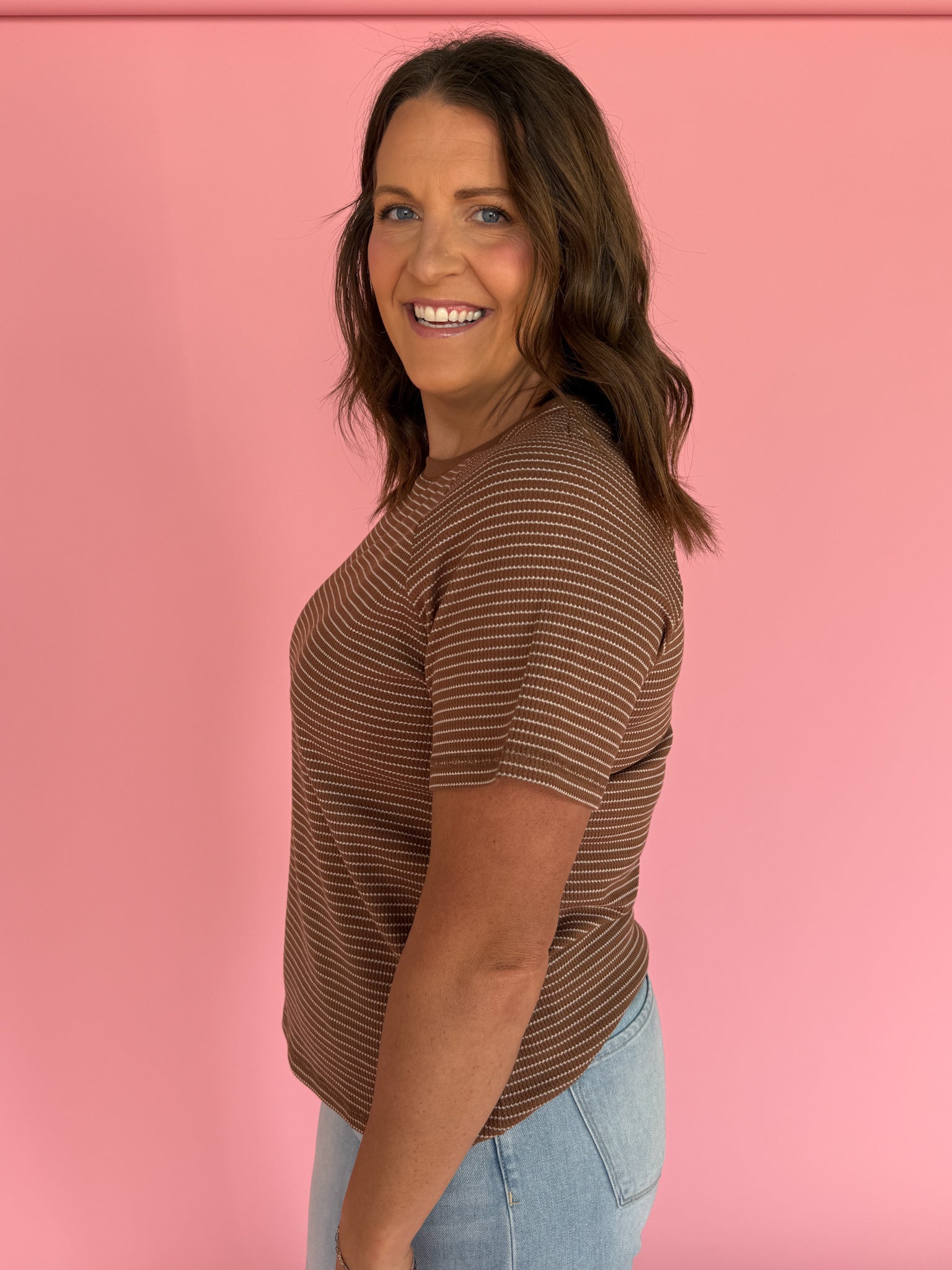 Textured Stripe Tee- Mocha - Ana Patricia Boutique