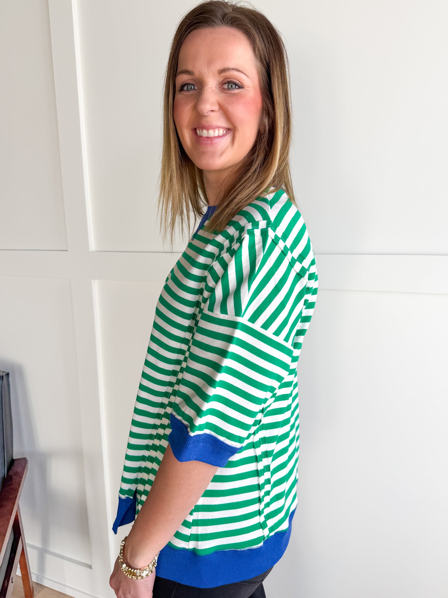 Striped Side Slit Top- Green/Cream - Ana Patricia Boutique