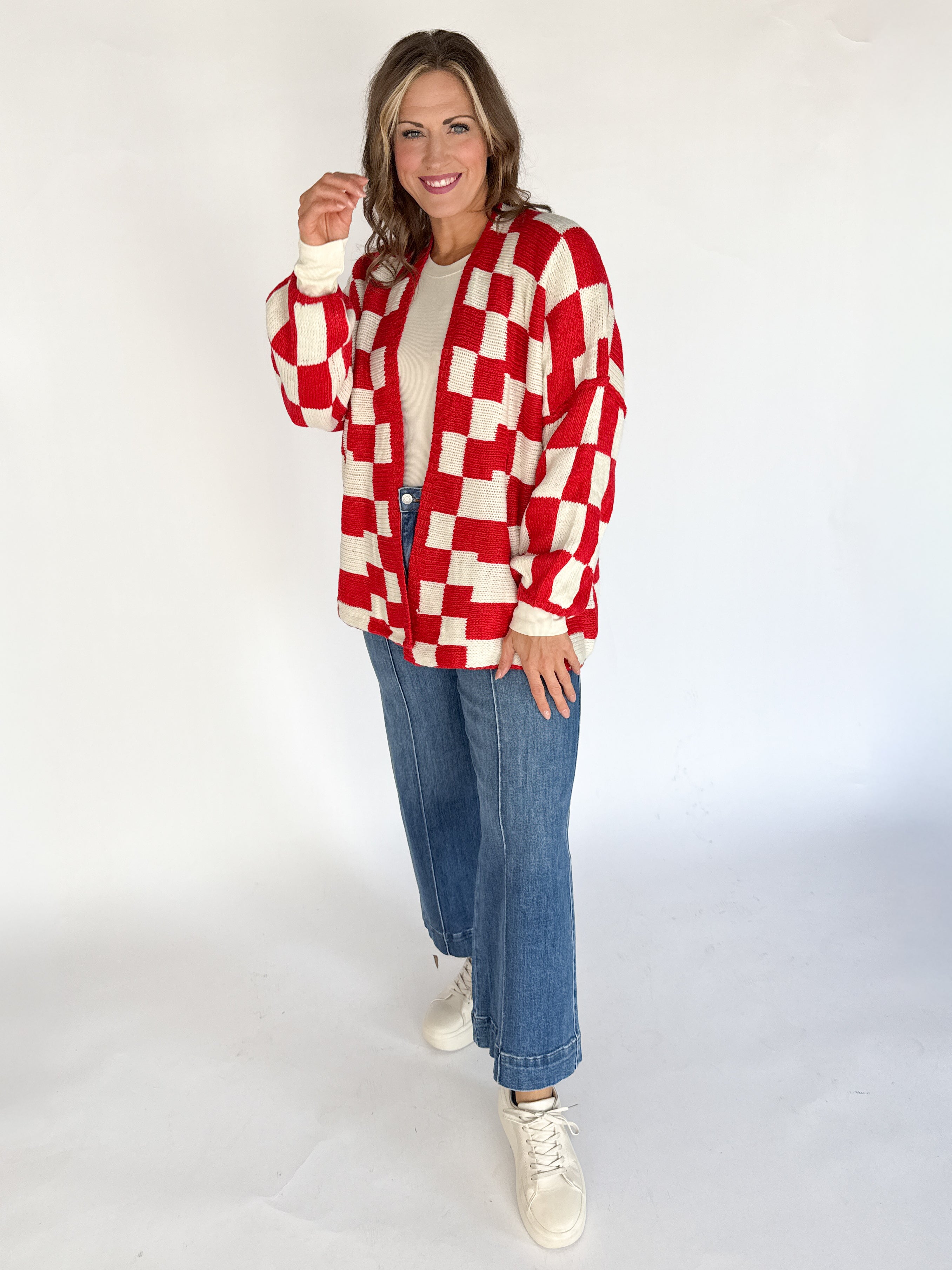 Checkered Cardigan- Red/Ivory - Ana Patricia Boutique