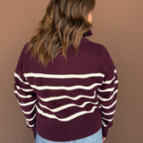 Half Zip Collared Stripe Sweater- DK Cherry