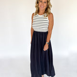 Stripe Mixed Media Dress- Navy/Ivory