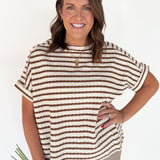 Striped Hi Lo Short Sleeve Top- Brown