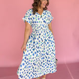 Floral Print Smocked Waist Midi Dress-White/Blue - Ana Patricia Boutique
