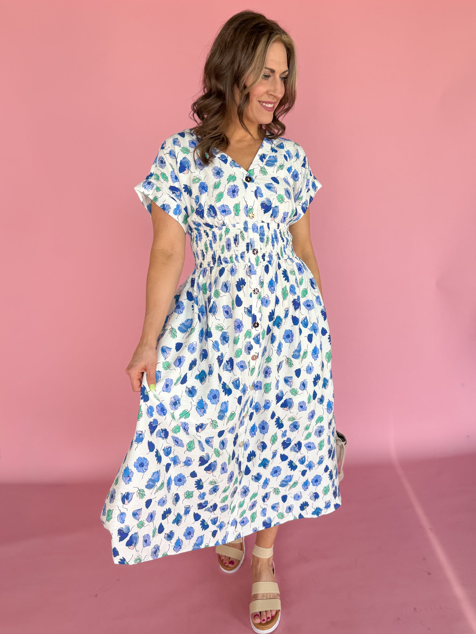 Floral Print Smocked Waist Midi Dress-White/Blue - Ana Patricia Boutique