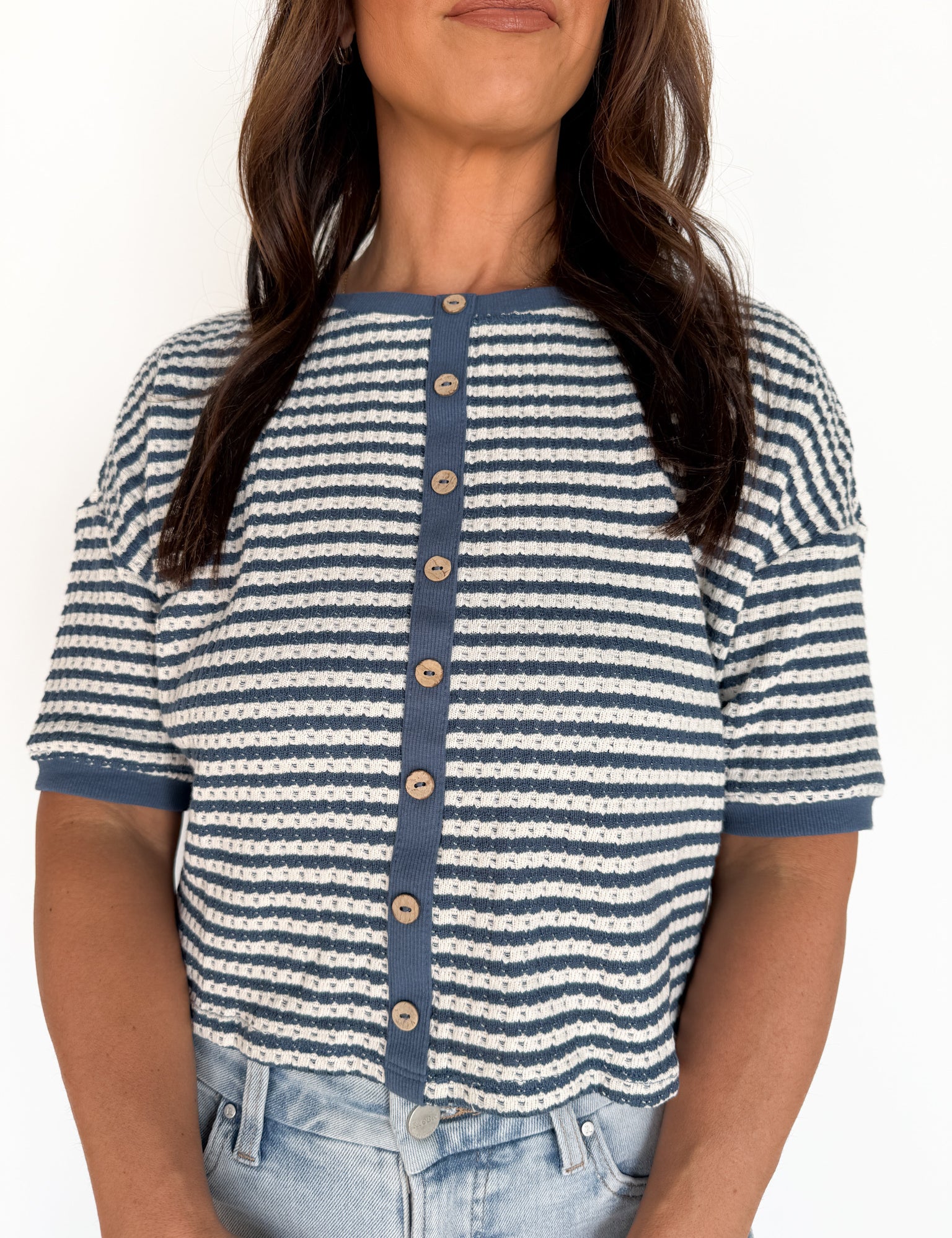 Striped Henley Top- Blue - Ana Patricia Boutique