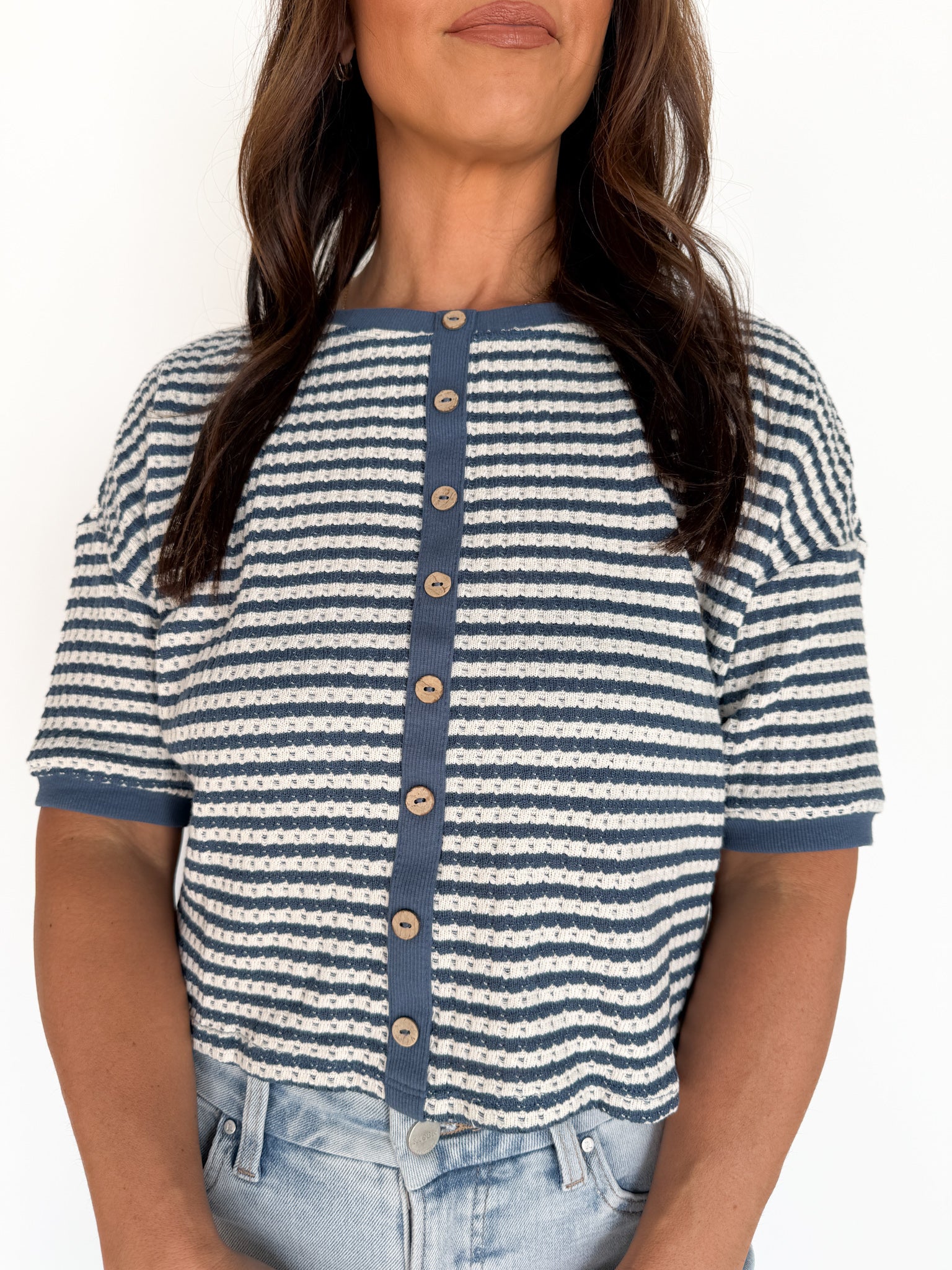 Striped Henley Top- Blue - Ana Patricia Boutique