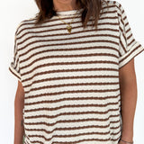 Striped Hi Lo Short Sleeve Top- Brown