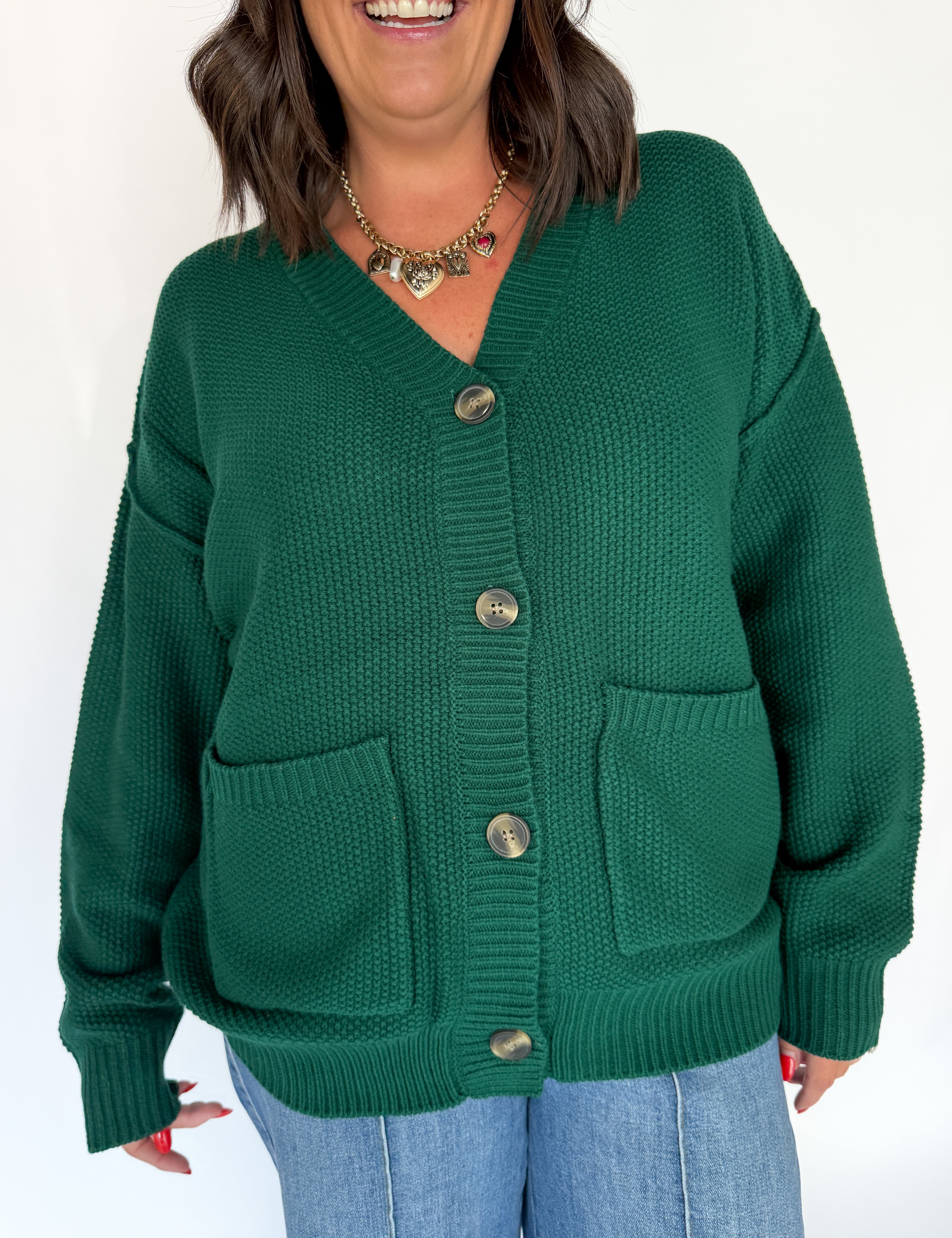V Neck Waffleknit Cardigan- Dark Green - Ana Patricia Boutique