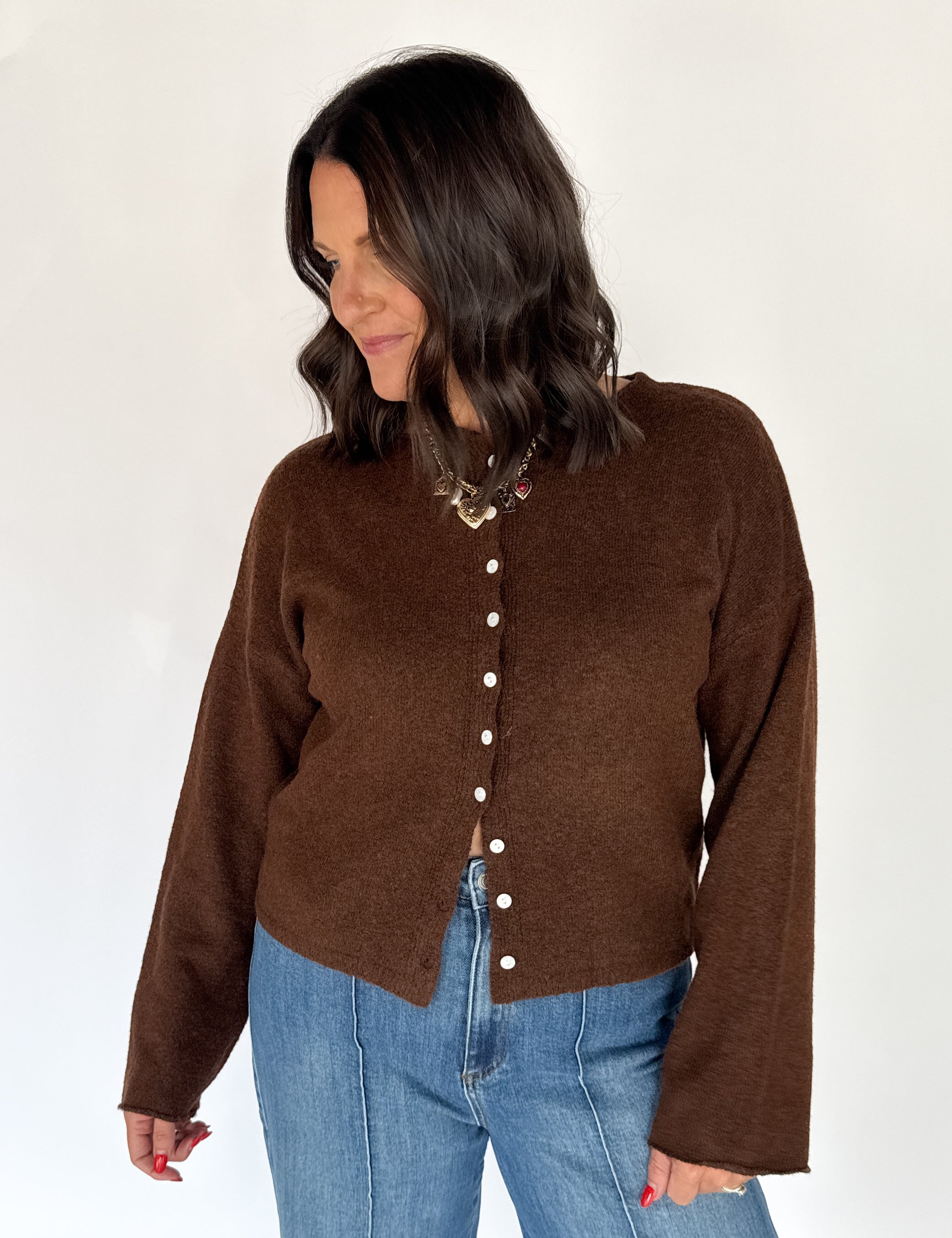 Classic Button Cardigan Top- Chocolate - Ana Patricia Boutique