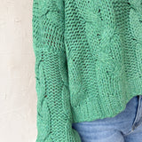 Cableknit V Neck Sweater-Jade
