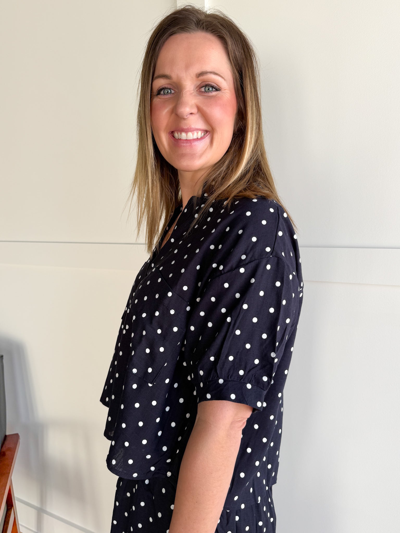 Polka Dot Button Up Top-Navy - Ana Patricia Boutique