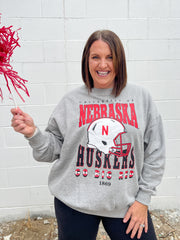 Nebraska Huskers Helmet Crewneck- Heather Grey