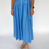 Shirred Ruffle Sleeve Midi Dress- Blue