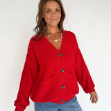V Neck Waffleknit Cardigan- Red