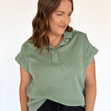Half Button Mineral Wash Tee- Olive