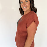 Horseshoe Ribbed Sweater- Rust