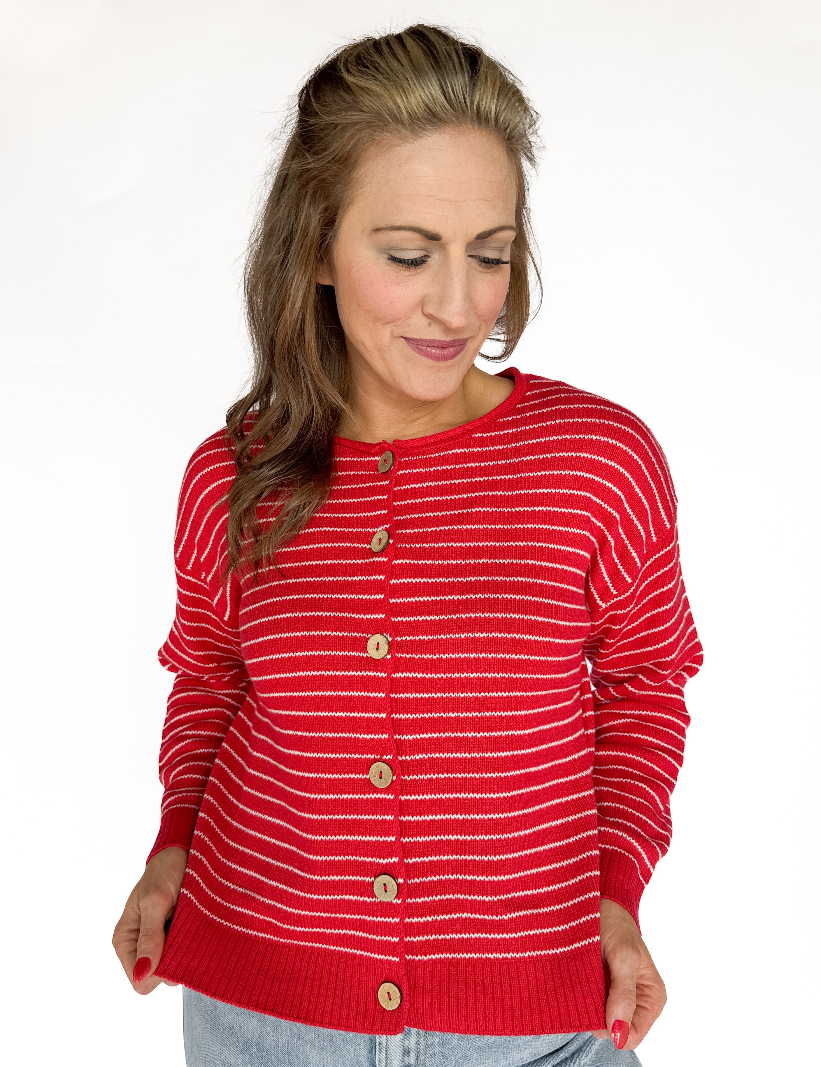 Stripe Button Cardigan -Red - Ana Patricia Boutique