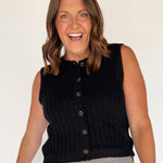 Crewneck Button Down Sweater Top- Black - Ana Patricia Boutique