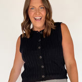 Crewneck Button Down Sweater Top- Black - Ana Patricia Boutique