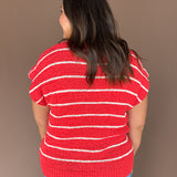 Stripe Knit Sweater Top- Tomato Red