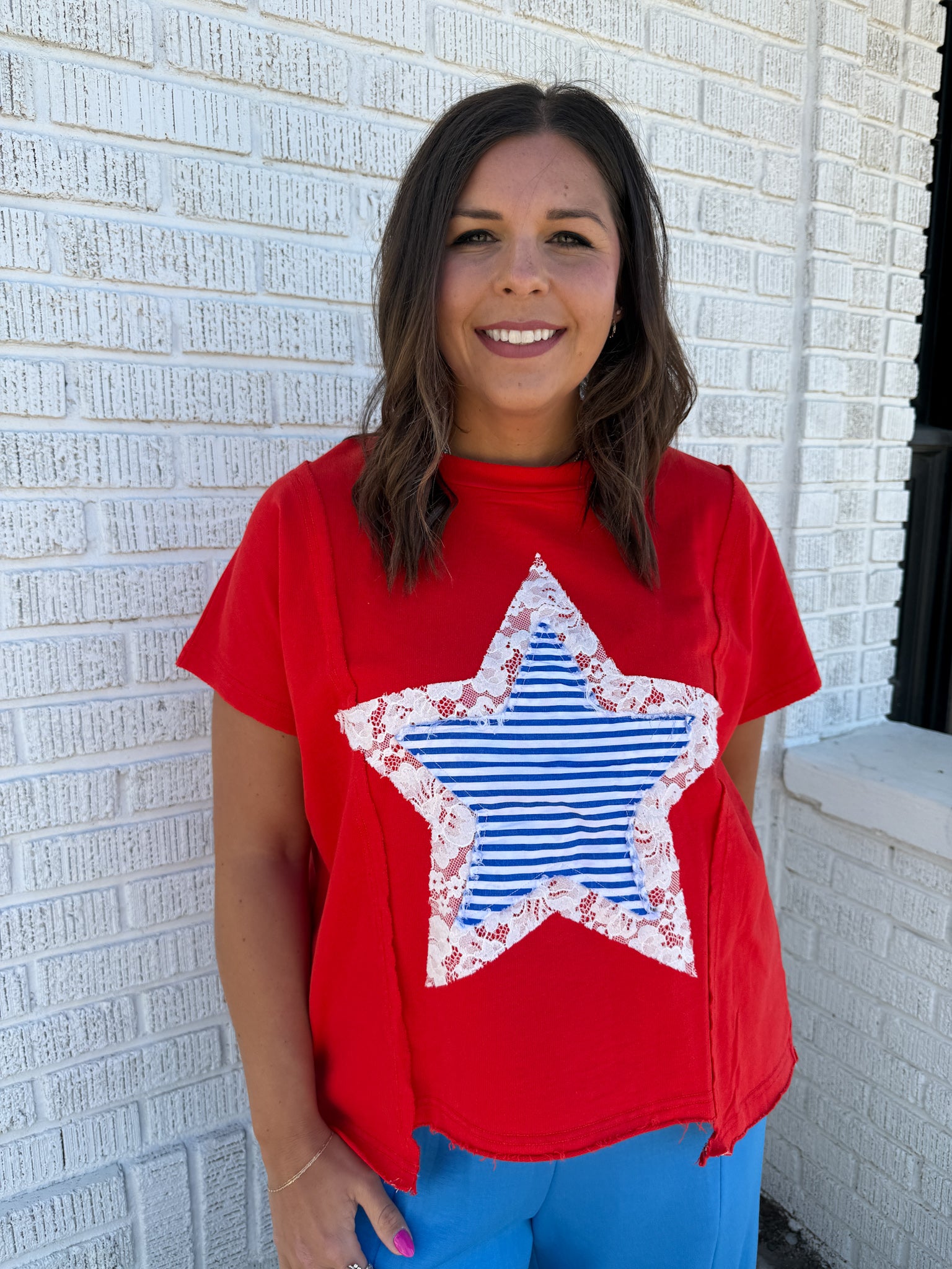 Star Lace Patch Top- Red - Ana Patricia Boutique