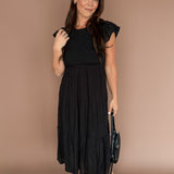 Tiered Smocked Short Sleeve Midi Dress- Black - Ana Patricia Boutique