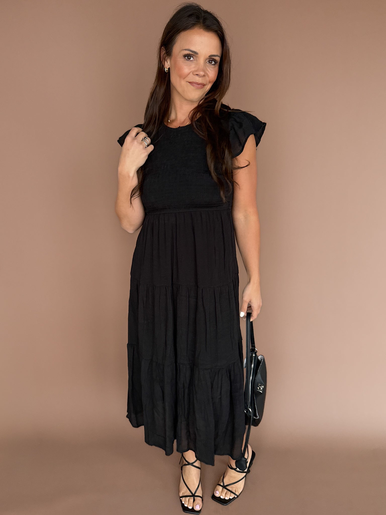 Tiered Smocked Short Sleeve Midi Dress- Black - Ana Patricia Boutique