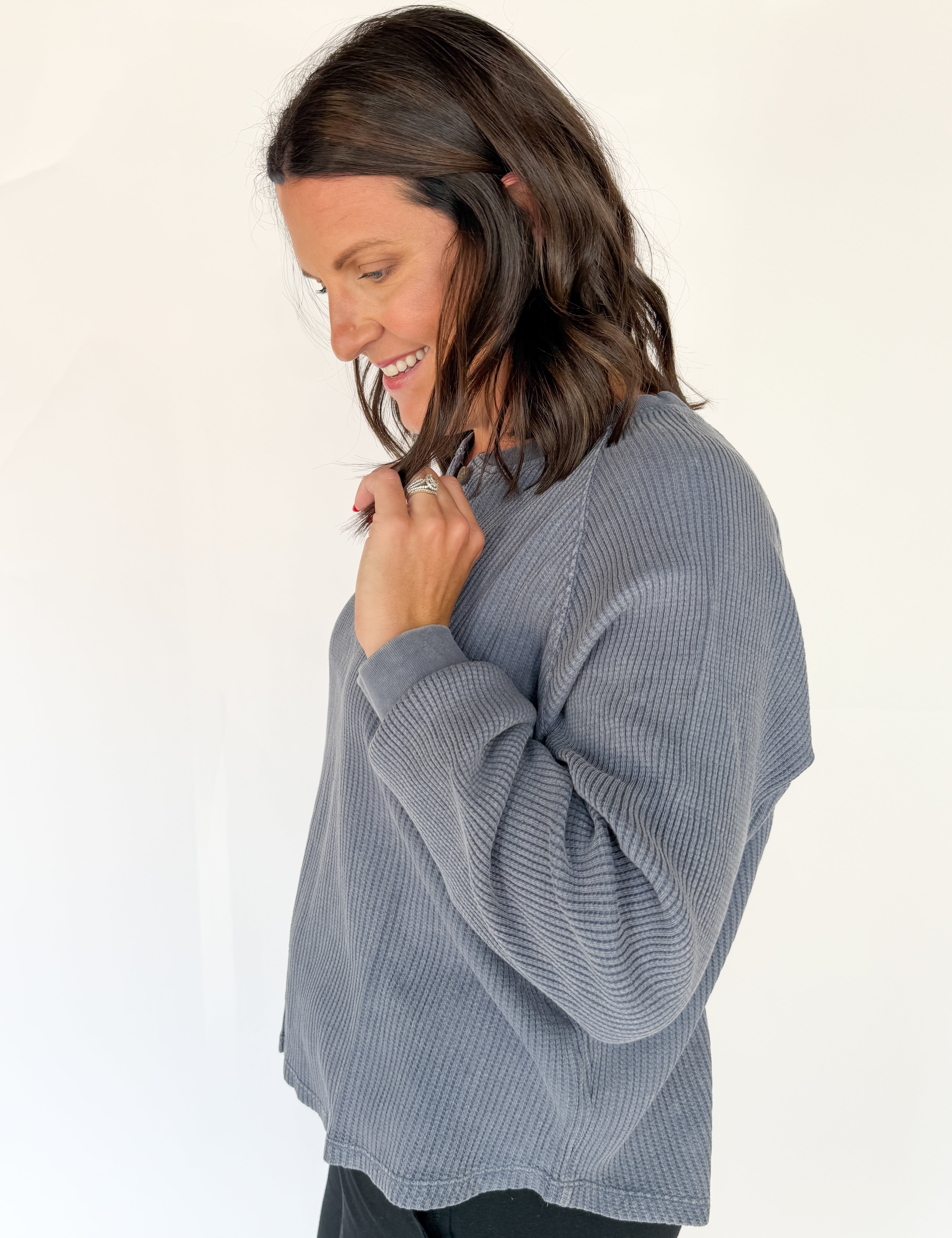 Washed Henley Top- Dsty Navy - Ana Patricia Boutique