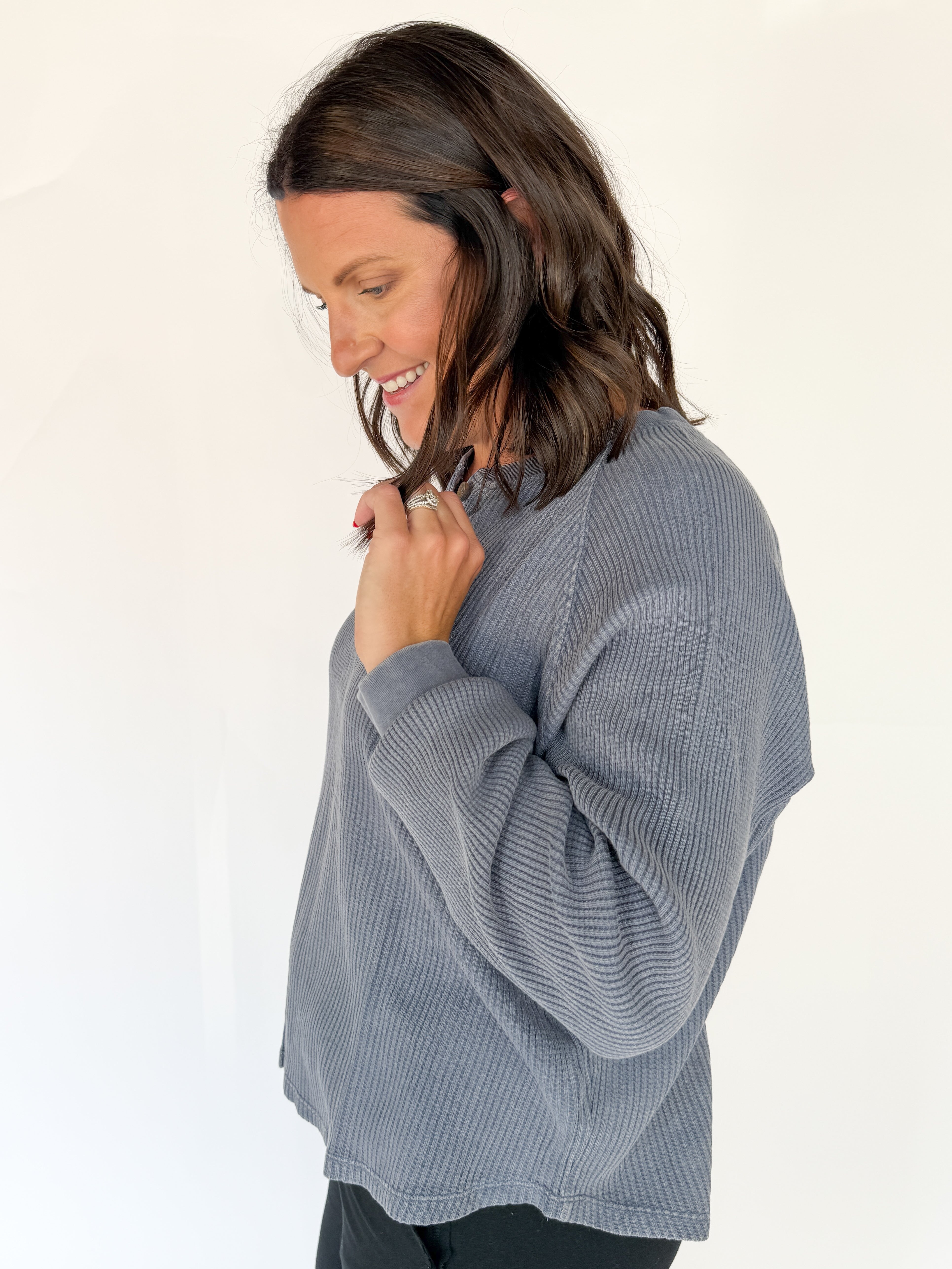 Washed Henley Top- Dsty Navy - Ana Patricia Boutique