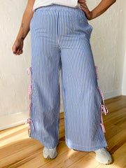 Striped Ribbon Tie Pants- Blue