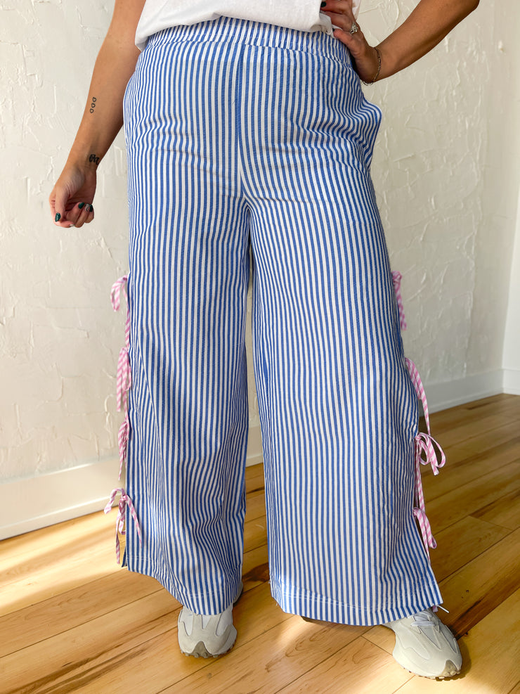 Striped Ribbon Tie Pants- Blue