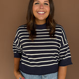 Raw Edge Short Sleeve Sweater- Navy