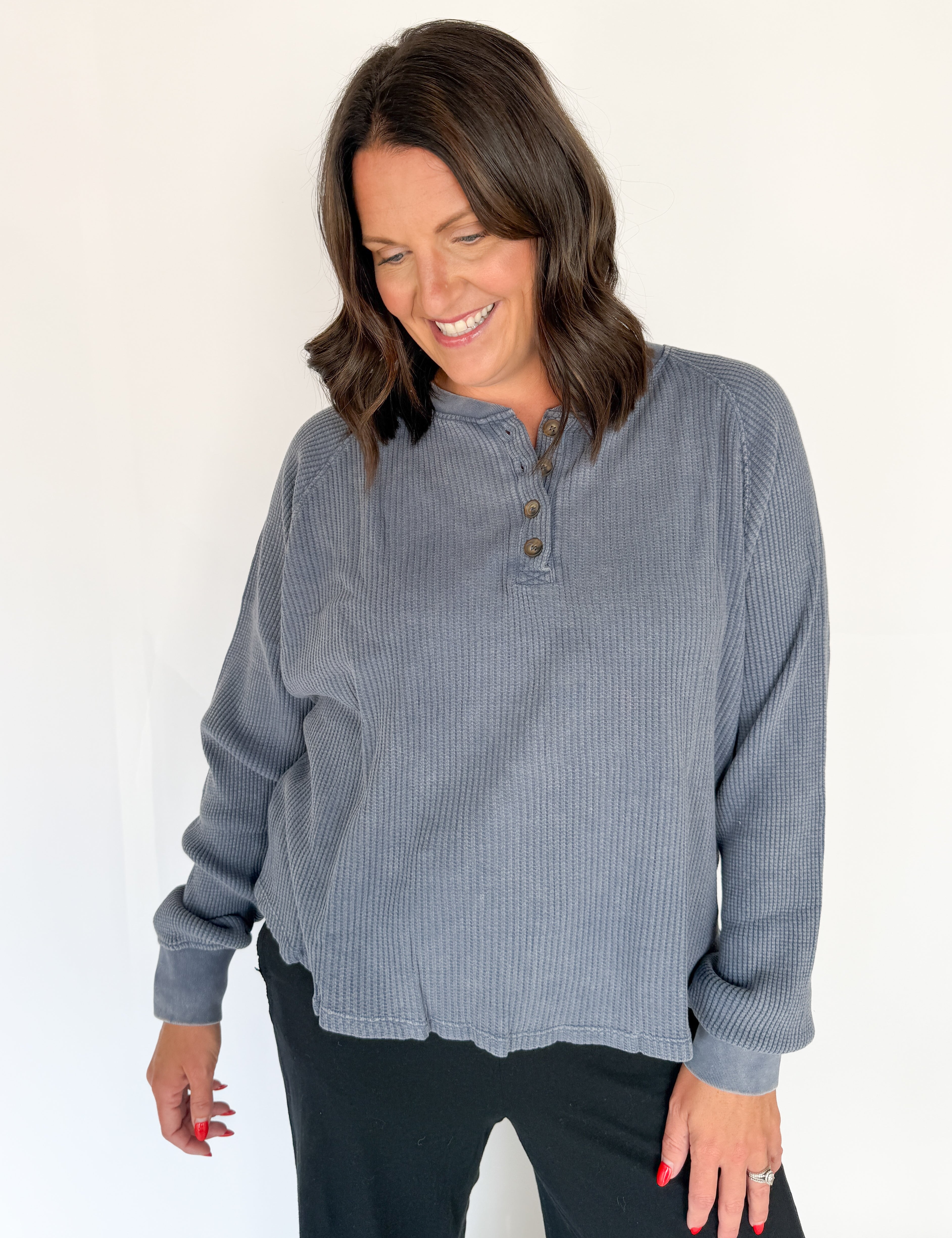 Washed Henley Top- Dsty Navy - Ana Patricia Boutique