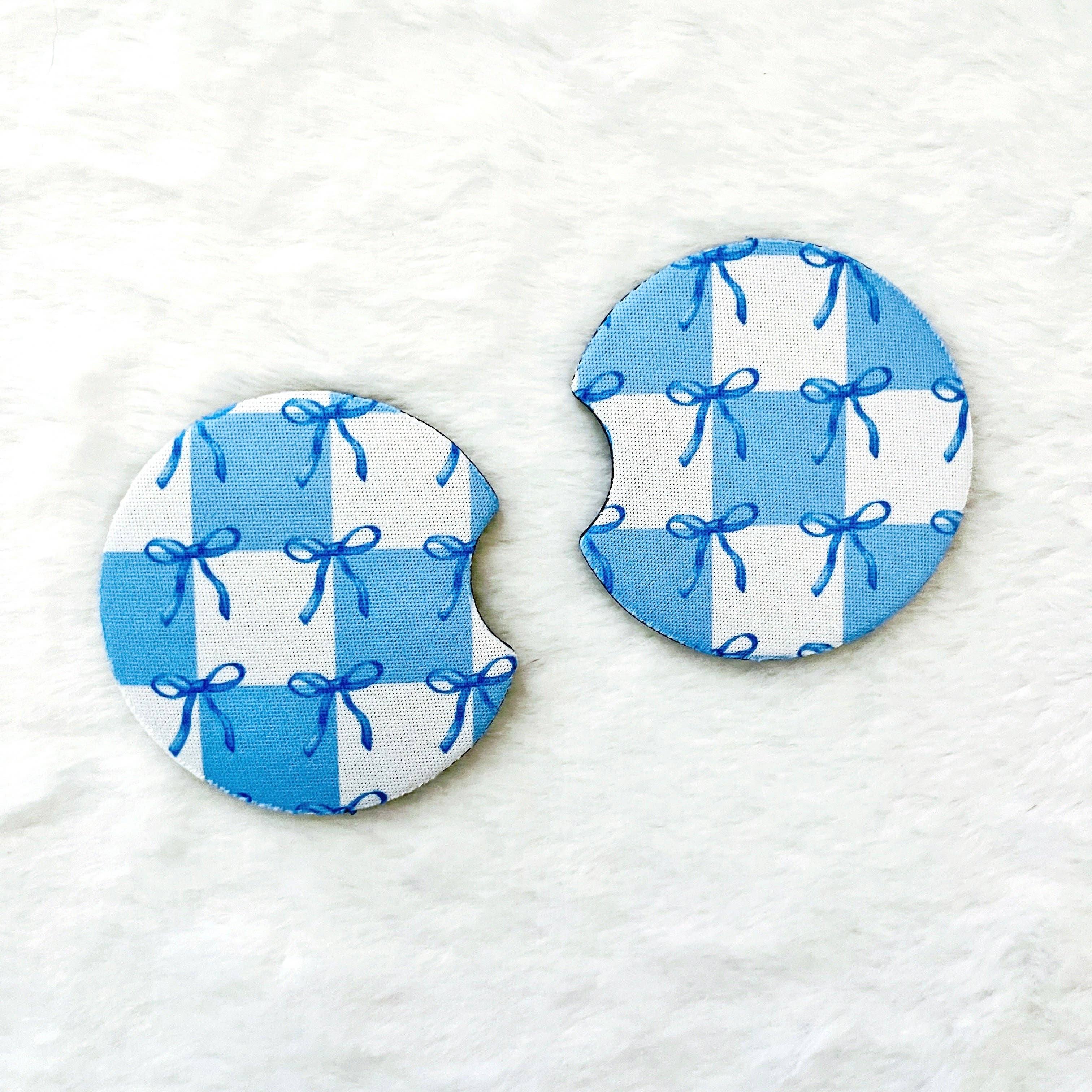 2 Car Coasters, Blue Coquette Bow & Checkered Pattern - Ana Patricia Boutique
