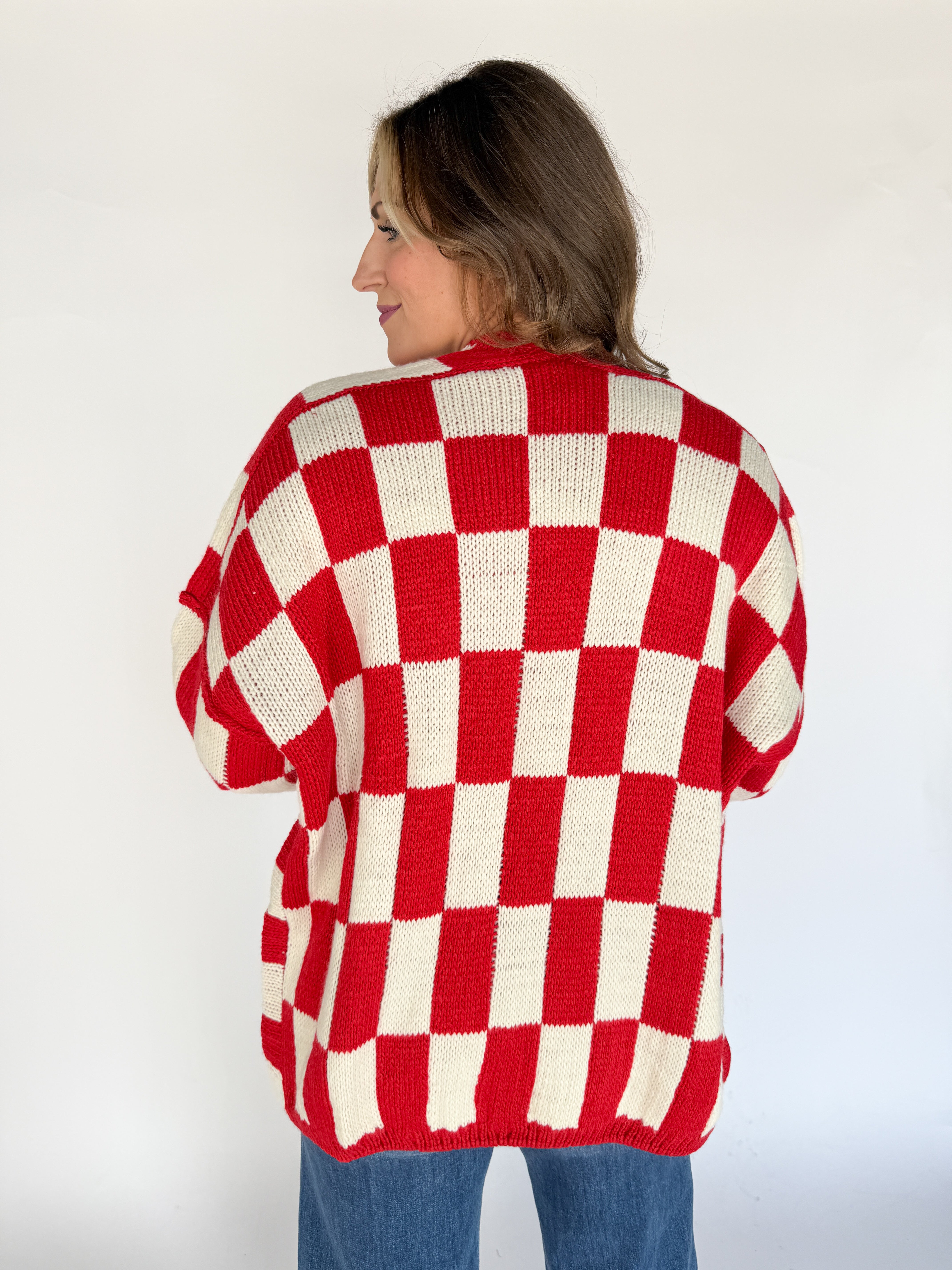 Checkered Cardigan- Red/Ivory - Ana Patricia Boutique