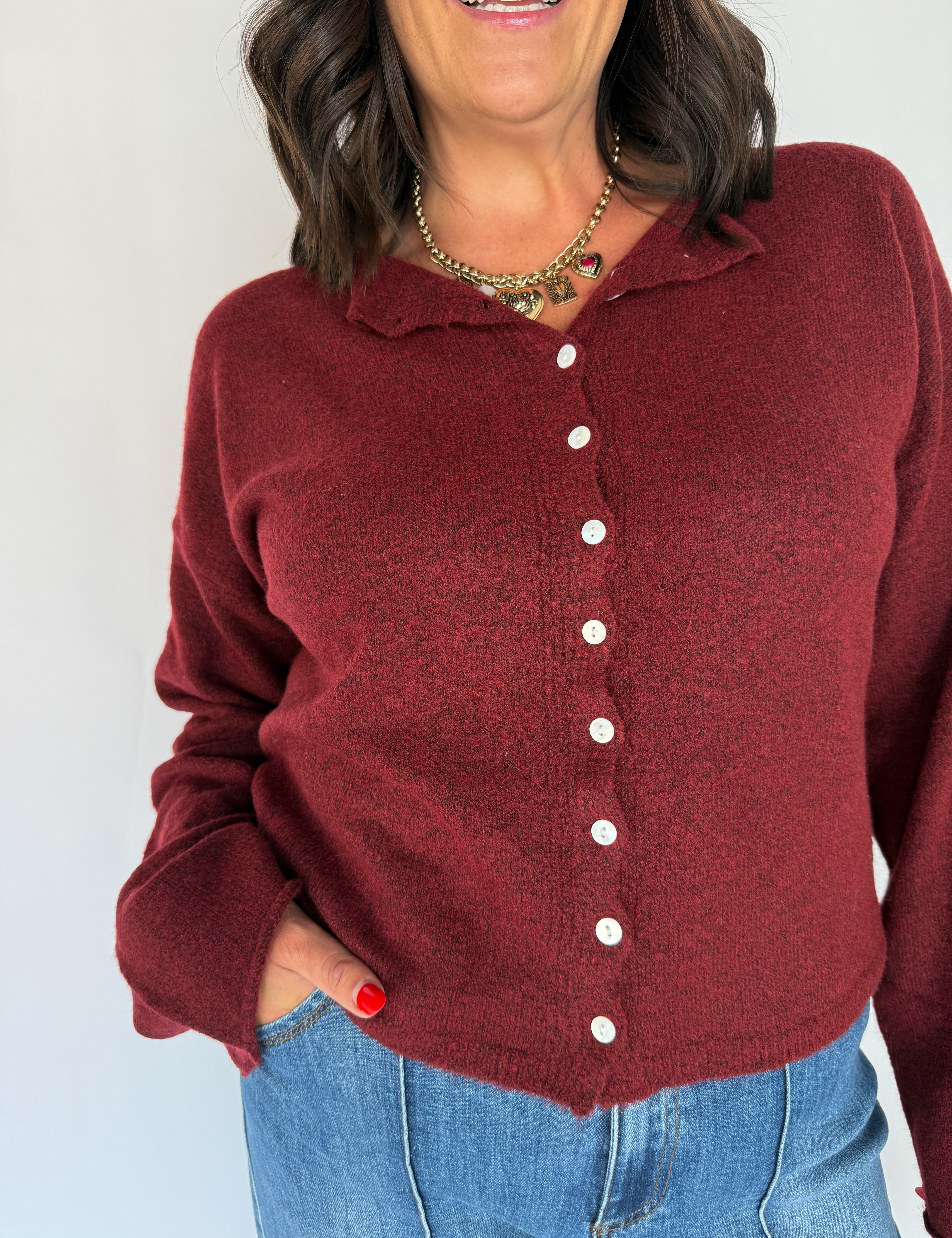 Classic Button Cardigan Top- Burgundy - Ana Patricia Boutique
