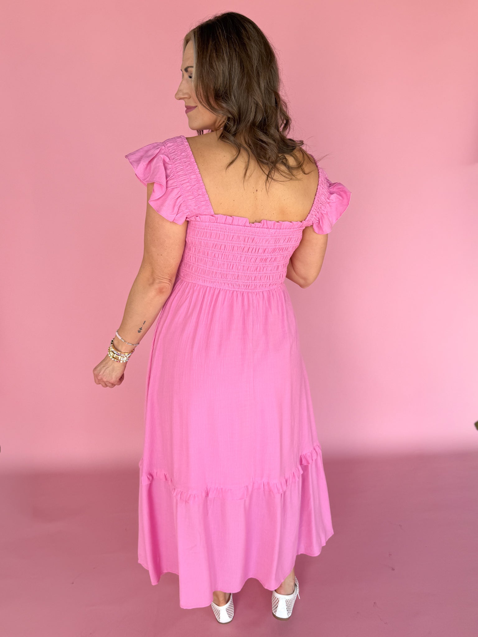 Square Neck Midi Dress- Pink - Ana Patricia Boutique