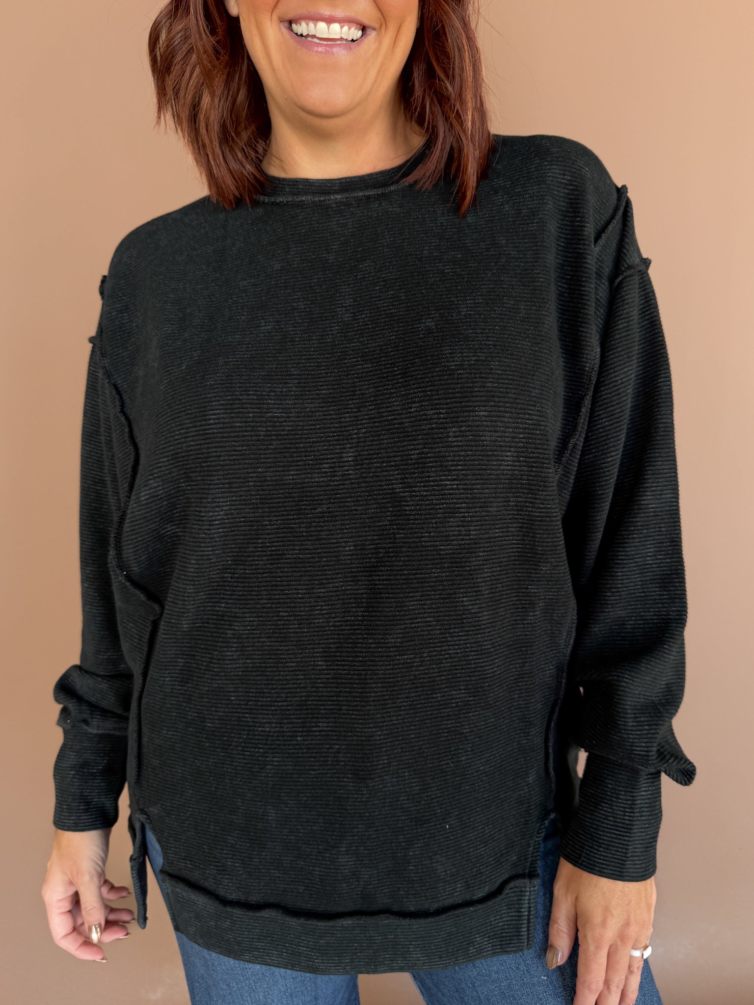 Ribbed Mineral Wash Pullover- Black - Ana Patricia Boutique
