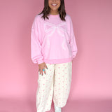 Gingham Lace Bow Pullover- Pink