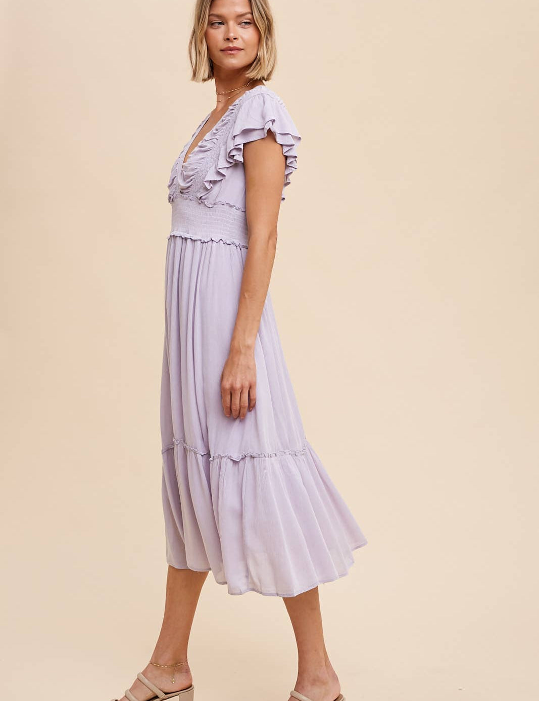 Midi Dress with Ruffle Sleeve- Lavender - Ana Patricia Boutique