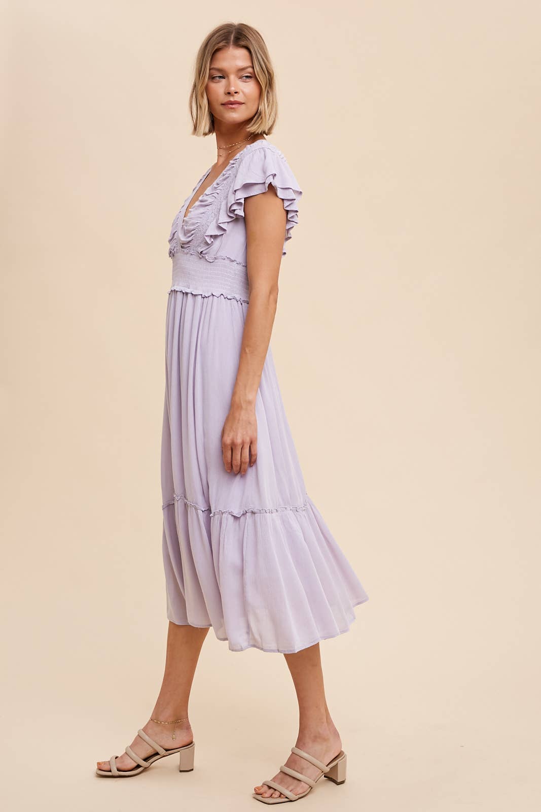 Midi Dress with Ruffle Sleeve- Lavender - Ana Patricia Boutique