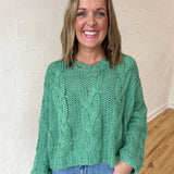 Cableknit V Neck Sweater-Jade