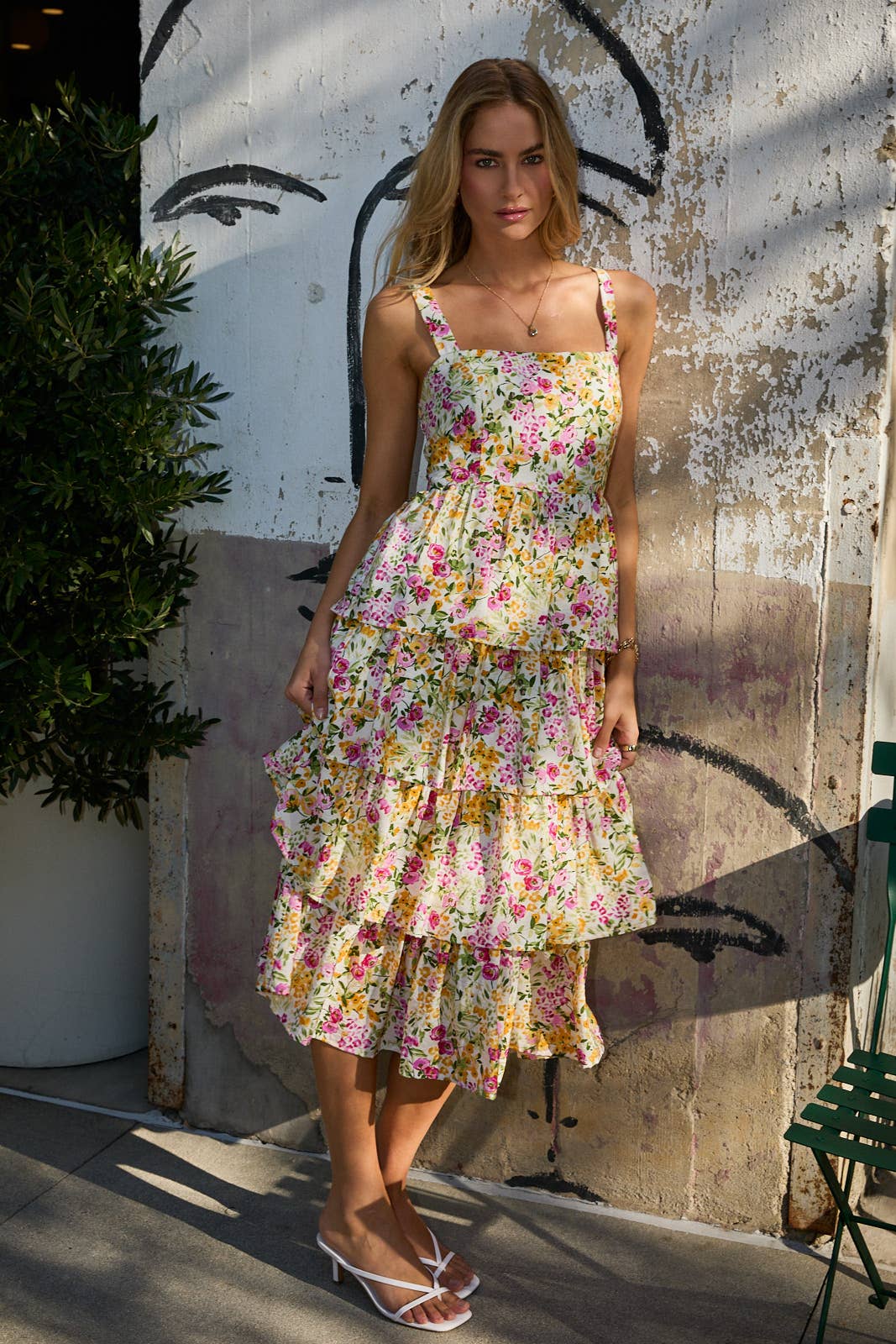 ADJUSTABLE STRAP LAYERED RUFFLE TIERED MIDI DRESS - Ana Patricia Boutique
