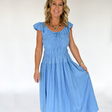 Shirred Ruffle Sleeve Midi Dress- Blue