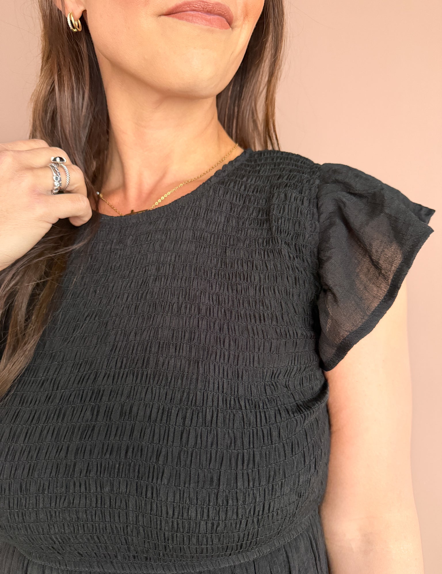 Tiered Smocked Short Sleeve Midi Dress- Black - Ana Patricia Boutique