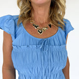 Shirred Ruffle Sleeve Midi Dress- Blue